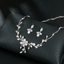 Load image into Gallery viewer, Floral Cubic Zirconia and Shell Pearl Bridal Bridesmaid Wedding Jewelry Necklace Earring Set