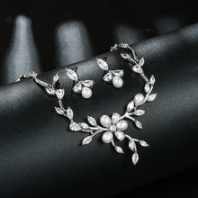 Load image into Gallery viewer, Floral Cubic Zirconia and Shell Pearl Bridal Bridesmaid Wedding Jewelry Necklace Earring Set
