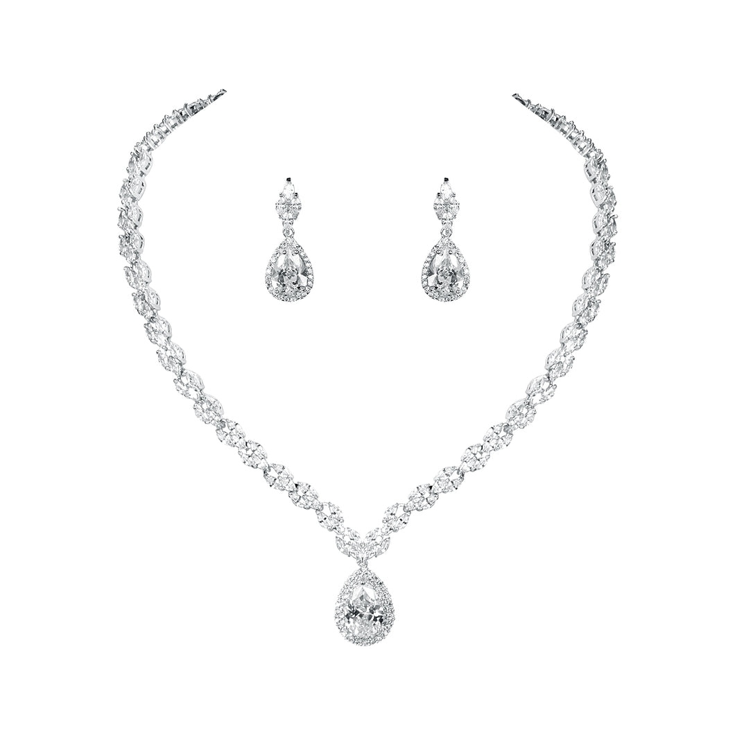 Large Halo Pear Cut Cubic Zirconia CZ Necklace and Earrings Bridal Wedding Jewelry Set